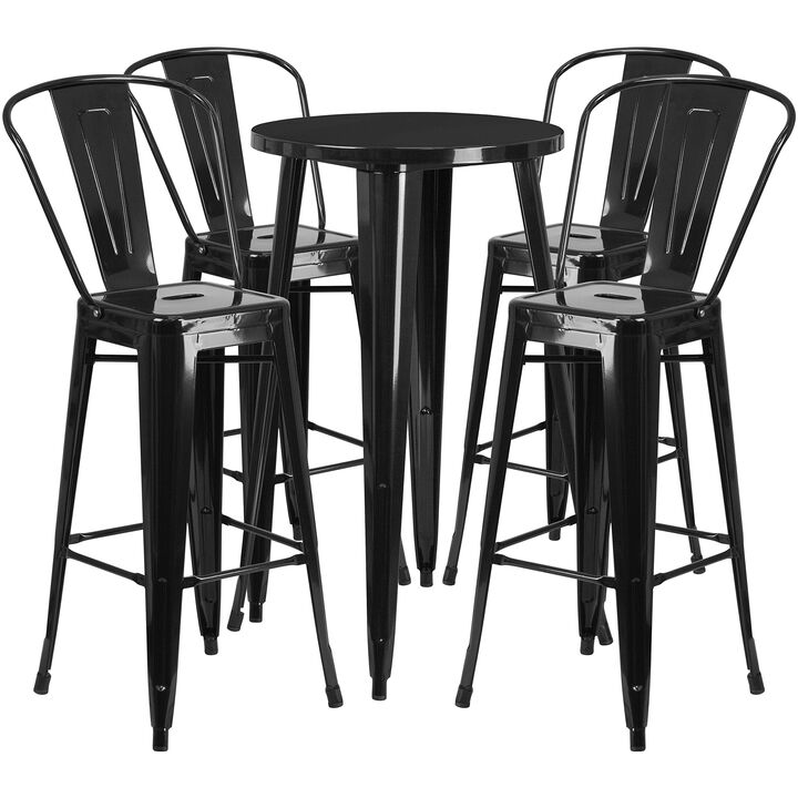 Flash Furniture Commercial Grade 24" Round Black Metal Indoor-Outdoor Bar Table Set with 4 Cafe Stools