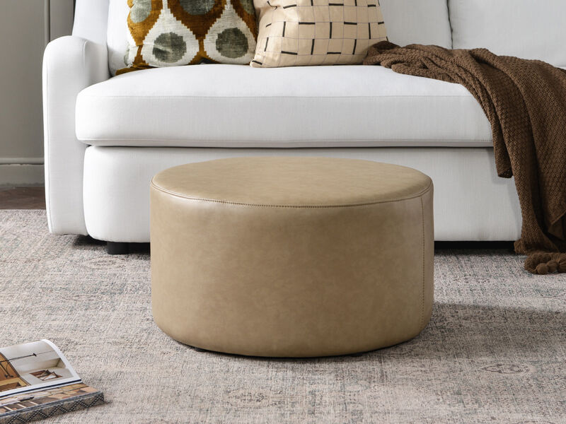 KINWELL Round Faux Leather Upholstered Footstool PU Pouf Ottoman image number 1