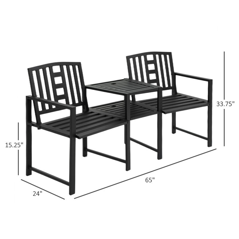 Outsunny Metal Garden Bench with Middle Table and Umbrella Hole, 2-in-1 Double Patio Chairs, Outdoor 2-person Tete-a-Tete, Slatted, Black