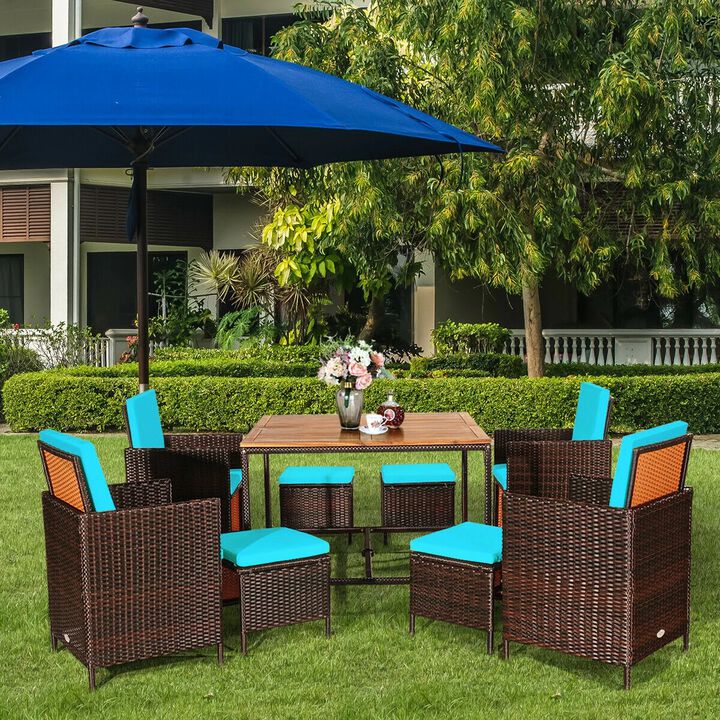 Mondawe 9-Pcs Outdoor PE Rattan Patio Dining Set W/ Acacia Wood Table&Umbrella Hole,Cushioned Chairs