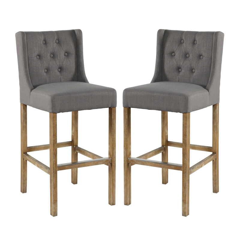 Wooden Barstool with Padded Seat, Button Tufted, Wing Back, Set of 2, Gray and Brown - Benzara