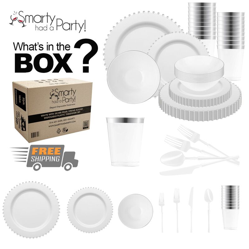 White with Silver Pearl String Round Plastic Tableware Set (60 Sets) image number 3