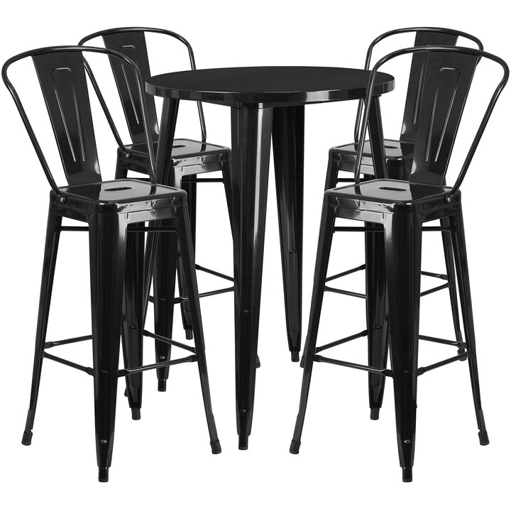 Flash Furniture Callum Commercial Grade 30" Round Black Metal Indoor-Outdoor Bar Table Set with 4 Cafe Stools