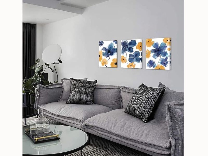 3-Panel Blue & Yellow Abstract Floral Canvas &ndash; Watercolor Wall Art for Bathroom, Living Room & Bedroom, 12&times;16"