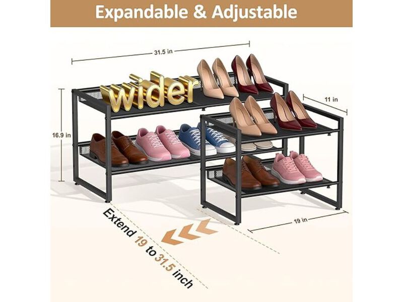 Entryway Metal Shoe Organizer 2 Tier Adjustable Shelves Closet Storage image number 2