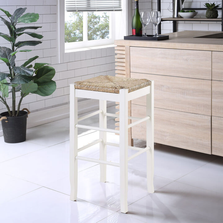 Square Wooden Frame Barstool with Hand Woven Rush, White and Brown-Benzara
