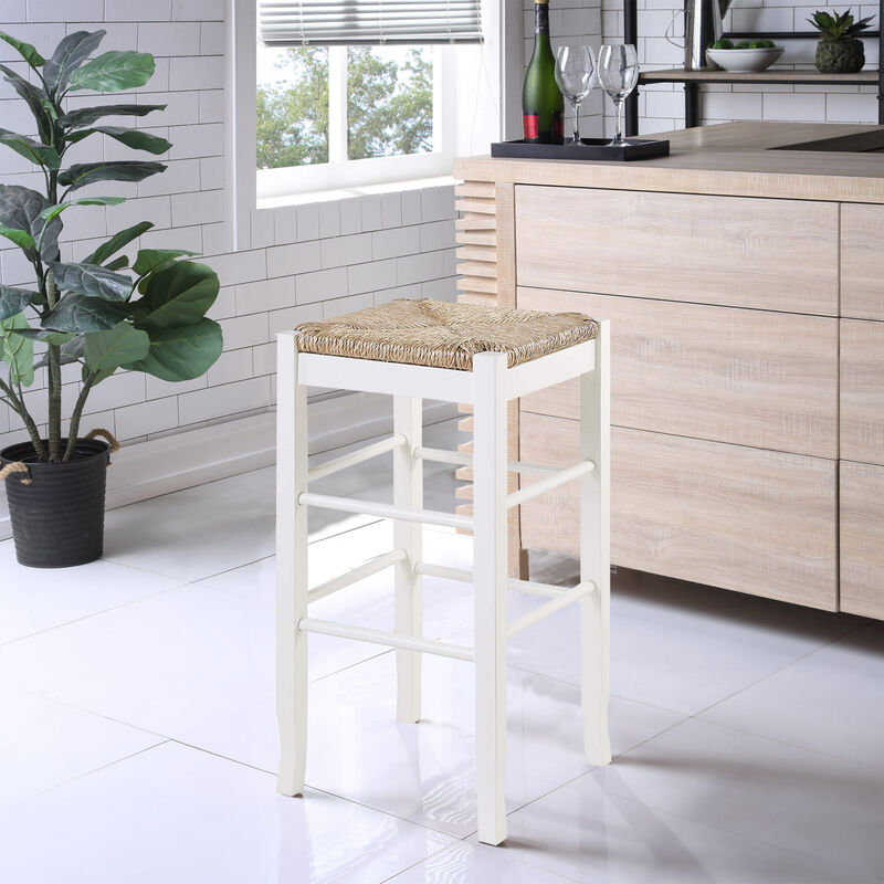 Square Wooden Frame Barstool with Hand Woven Rush, White and Brown