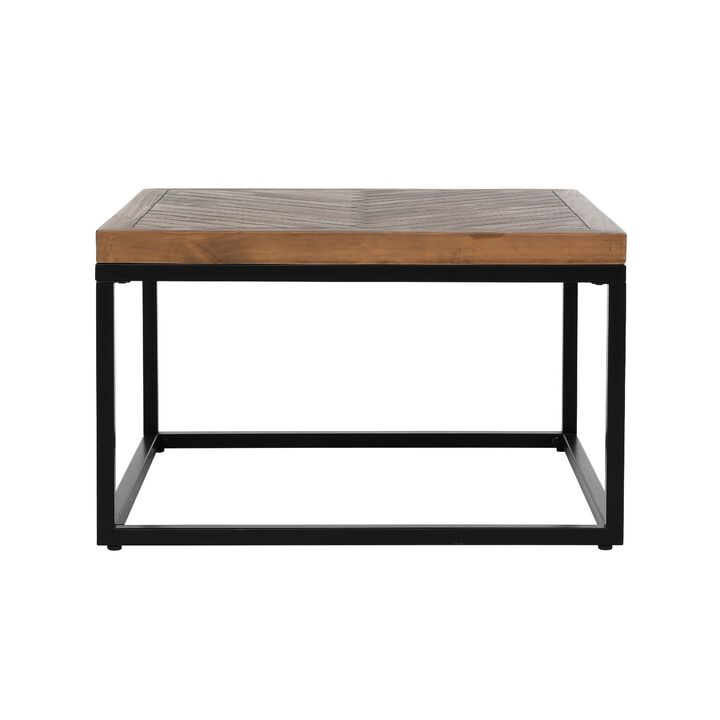 Nat 30 Inch Solid Wood Square Coffee Table, Herringbone, Brown, Black-Benzara