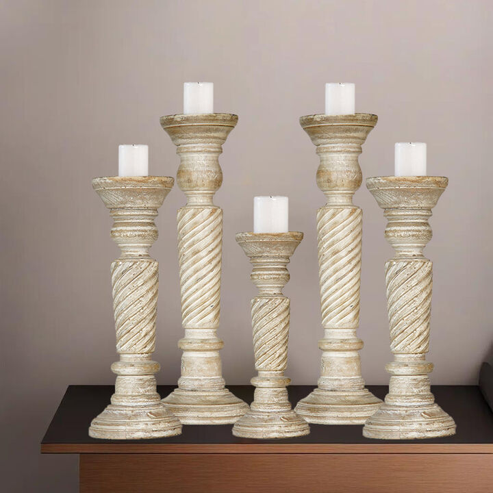 Traditional Antique White Eco-friendly Handmade Mango Wood Set Of Five 15",12",9",12" & 15" Pillar Candle Holder BBH Homes