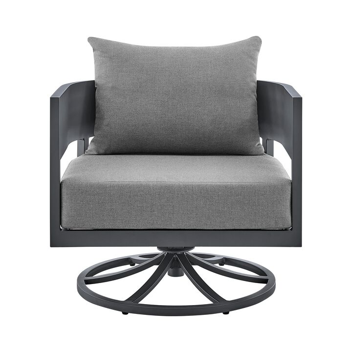 Jax 32 Inch Patio Swivel Chair, Gray Aluminum, Gray All Weather Cushions-Benzara