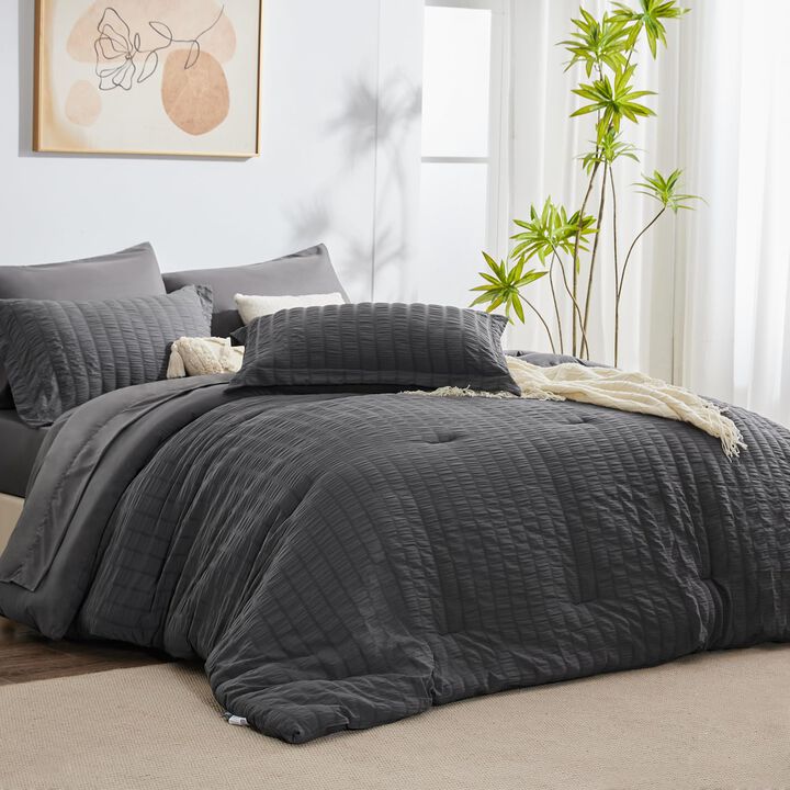 CozyLux Full Seersucker Comforter Set with Sheets Dark Grey Bed in a Bag 7-Pieces All Season Bedding Sets with Comforter, Pillow