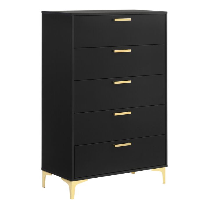 Lif 50 Inch Modern 5 Drawer Tall Dresser Chest, Gold Accents, Smooth Black-Benzara