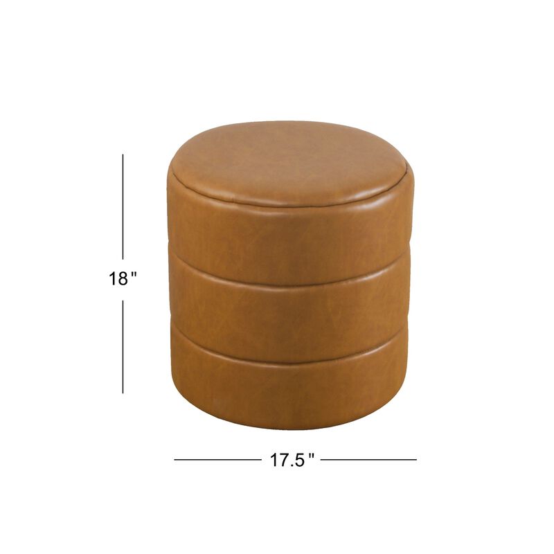 Sem Round Accent Ottoman, Brown Channel Tufted Faux Leather 18 Inch - Benzara