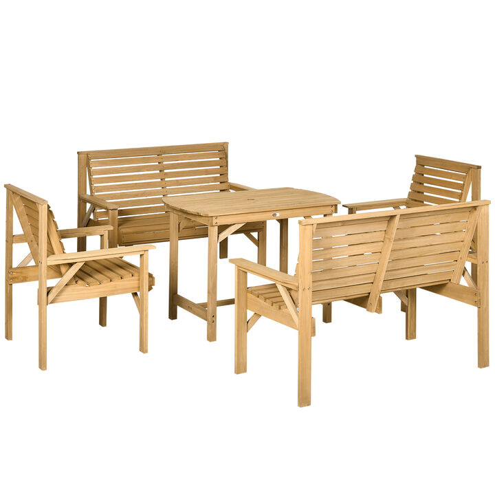 Outsunny 5 Piece Wooden Patio Dining Set for 6, Outdoor Conversation Set with 2 Armchairs, 2 Loveseats, and Dining Table with Umbrella Hole for Backyard, Garden, Light Brown