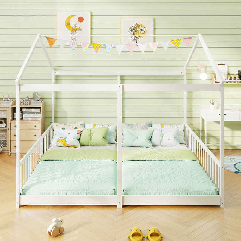 Double Floor Bed for Twins House Beds with Safety Guardrails for 2 Kids