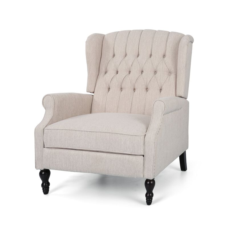 Jade Oversize Wide Chair Manual Recliner, Wingback, Beige Tufted - Benzara