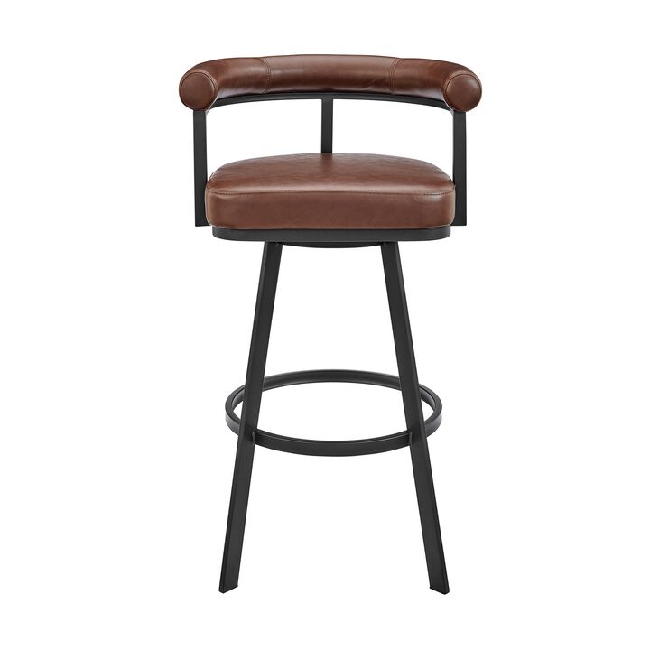 Weni 26 Inch Swivel Counter Stool Chair, Barrel Open Back, Black, Brown - Benzara