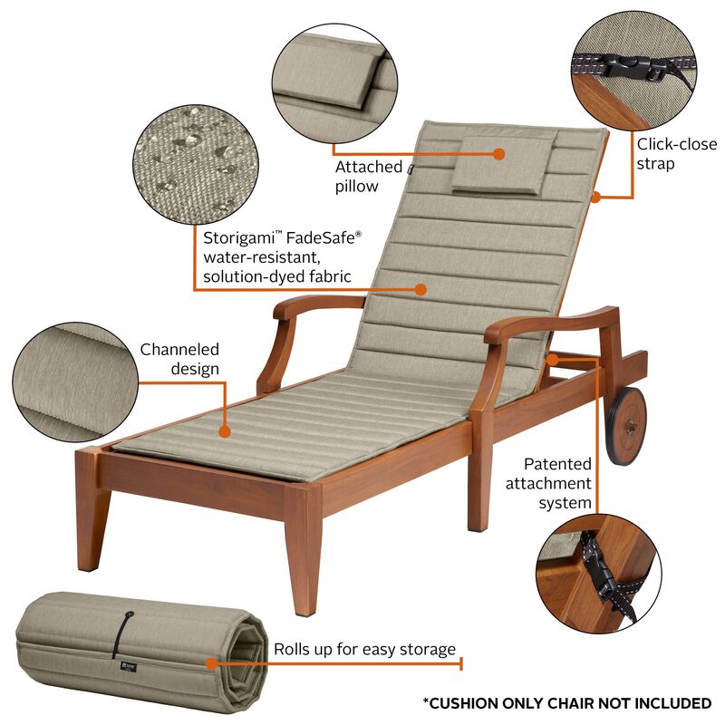 Classic Accessories Storigami Water-Resistant 74 x 23 Inch Chaise Lounge, Heather Grey, Outdoor Cushion, 74" L x 23" W