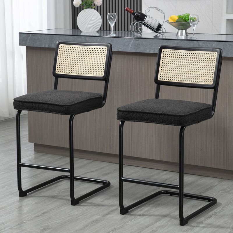 Glamour Home Set of 2 Black Boucle Fabric Counter Stool Rattan Backrest and Black Steel Legs