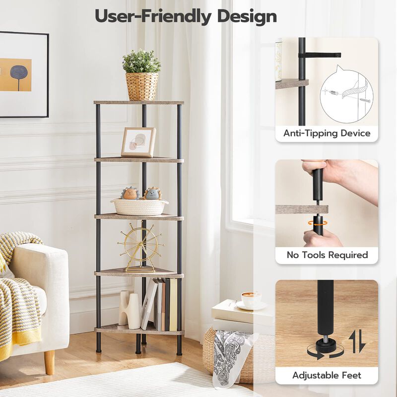 Industrial Style Corner Bookcase 5 Shelf Unit for Space Saving Storage image number 5