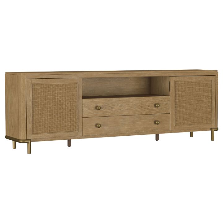 Fij TV Stand Media Console, Drawers, Rattan Cane Doors, Brown Wood 80 Inch