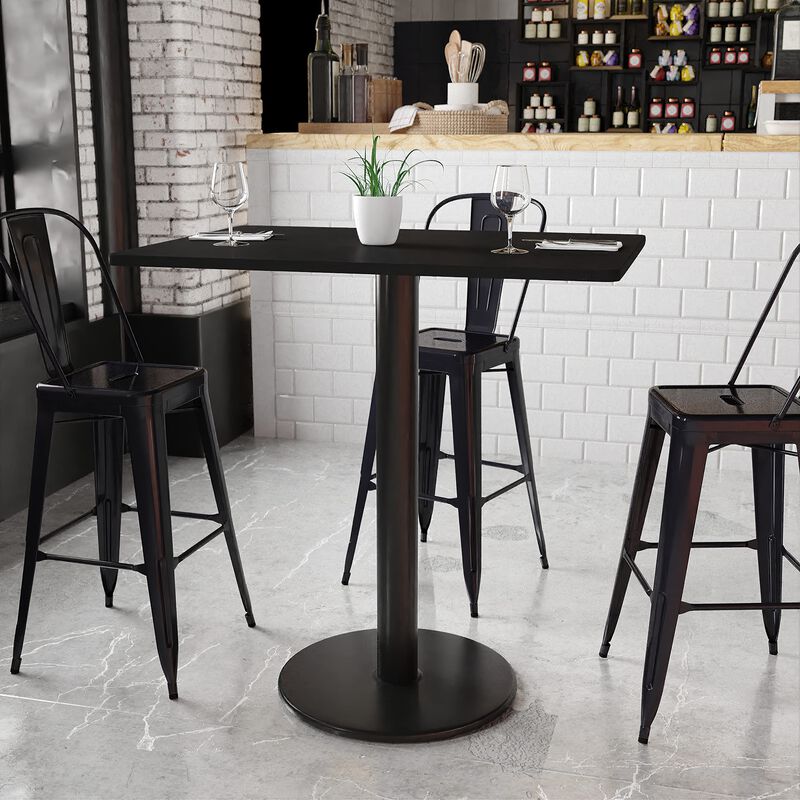 Flash Furniture 30'' x 42'' Rectangular Black Laminate Table Top with 24'' Round Bar Height Table Base