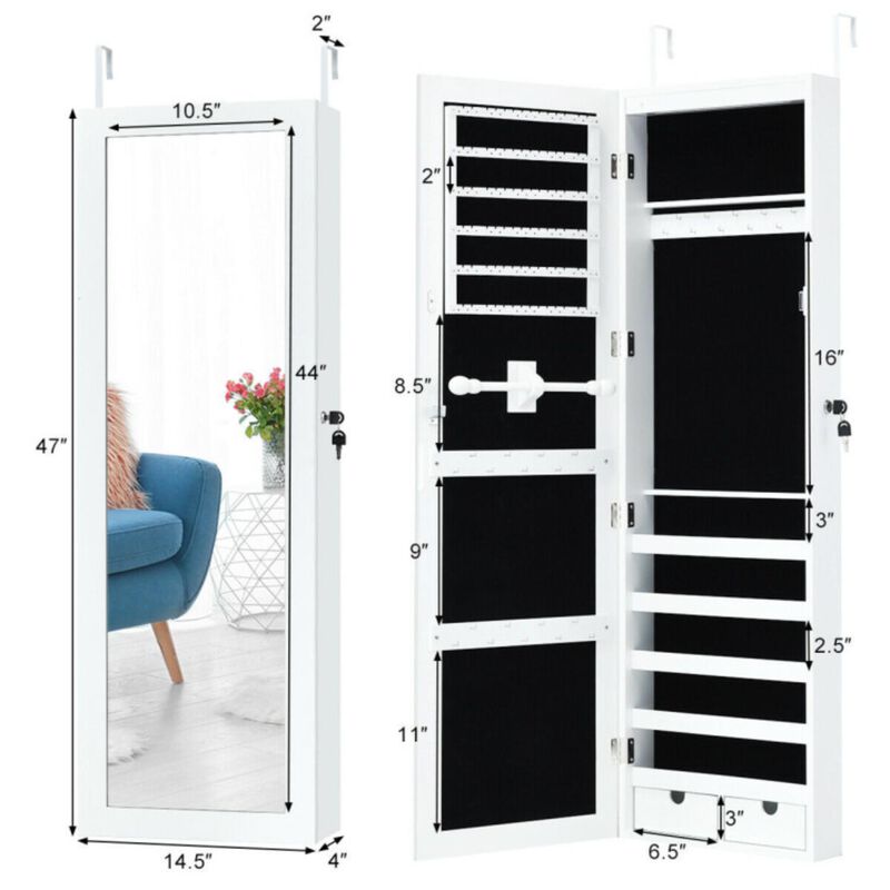 Hivvago Door Mounted Lockable Mirrored Jewelry Cabinet with LED Lights
