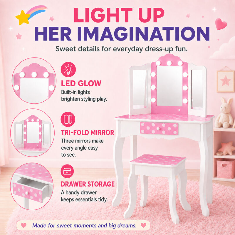 Teamson Kids Engineered Wood Vanity Set with LED Lighted Tri-Fold Acrylic Mirror, Storage Drawer & Stool, White/Pink, Fantasy Fields Gisele Polka Dot image number 2