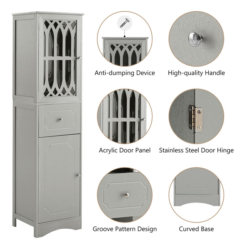 Tall Bathroom Cabinet, Freestanding Storage Cabinet with Drawer and Doors, MDF Board, Acrylic Door, Adjustable Shelf, Grey
