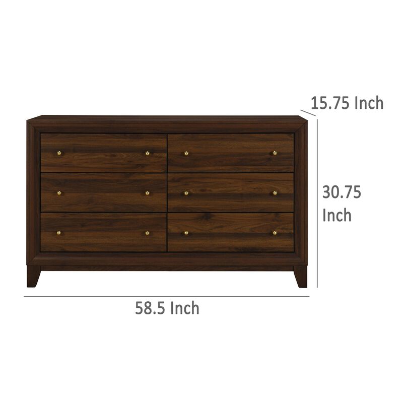 Yels Wide Dresser with 6 Drawers, Gold Metal Knobs, Walnut Brown  - Benzara