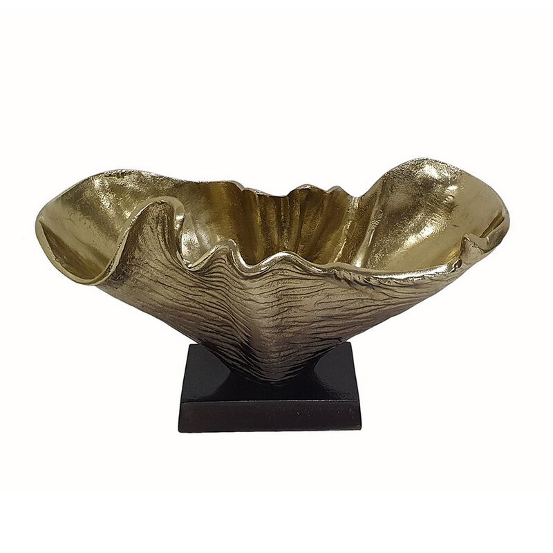 15 Inch Curved Shell Decorative Bowl, Aluminum, Square Base, Gold and Black image number 4