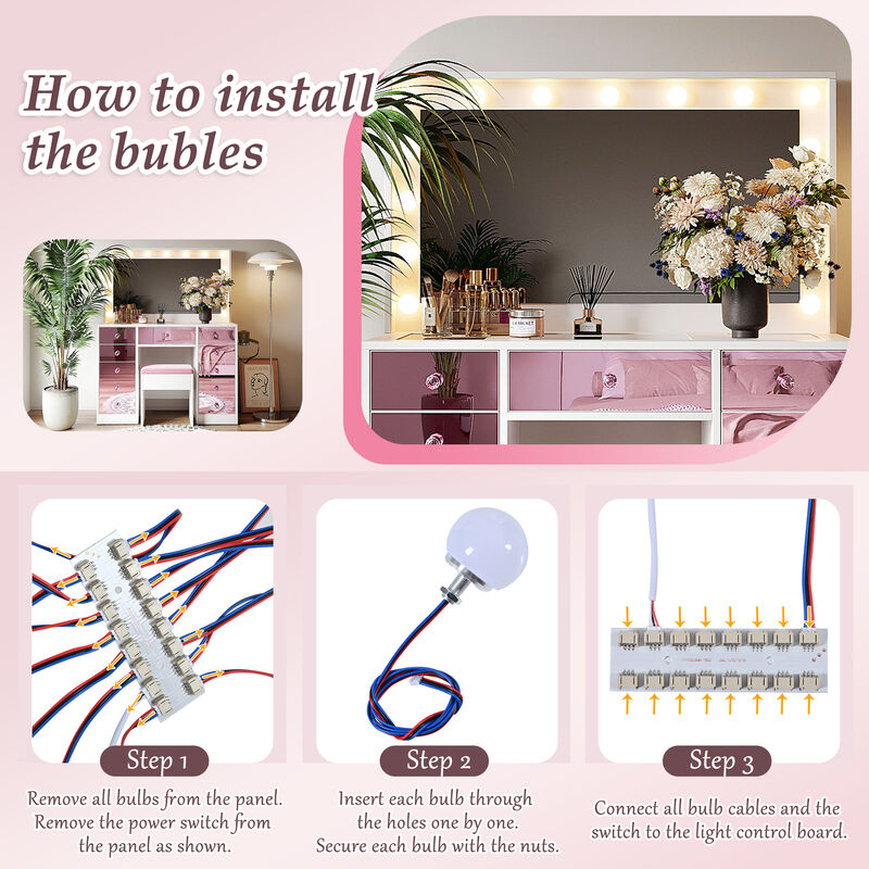 Whisen 37" Vanity Set with 11 Bulbs & 6 Drawers, Glass Top, USB Charging, MDF Dressing Table for Bedroom image number 6