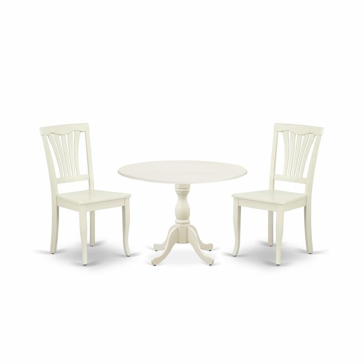 East West Furniture DMAV3-LWH-W 3 Piece Modern Dining Table Set Contains 1 Drop Leaves Dining Table and 2 Linen White Dining Chairs with Slatted Back - Linen White Finish