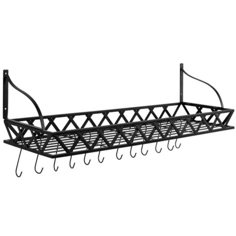 Modern Metal Wall Mounted Pot Rack Rectangular Hanging Storage with 12 Hooks for Pots & Pans