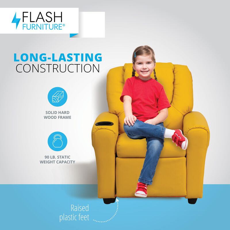 Flash Furniture Vana Vinyl Kids Recliner with Cup Holder, Headrest, and Safety Recline, Contemporary Reclining Chair for Kids, Supports up to 90 lbs., Yellow
