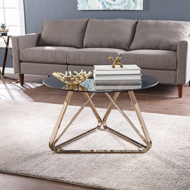 Homezia 31" Champagne Glass And Metal Round Coffee Table