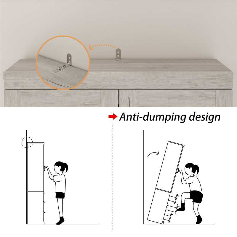 FUFU&GAGA Modern White Wood Grain Tall Boy Cabinet with Glass Doors and Drawers Storage Unit 31.5 in. L x 16.1 in. W x 79.9 in. H