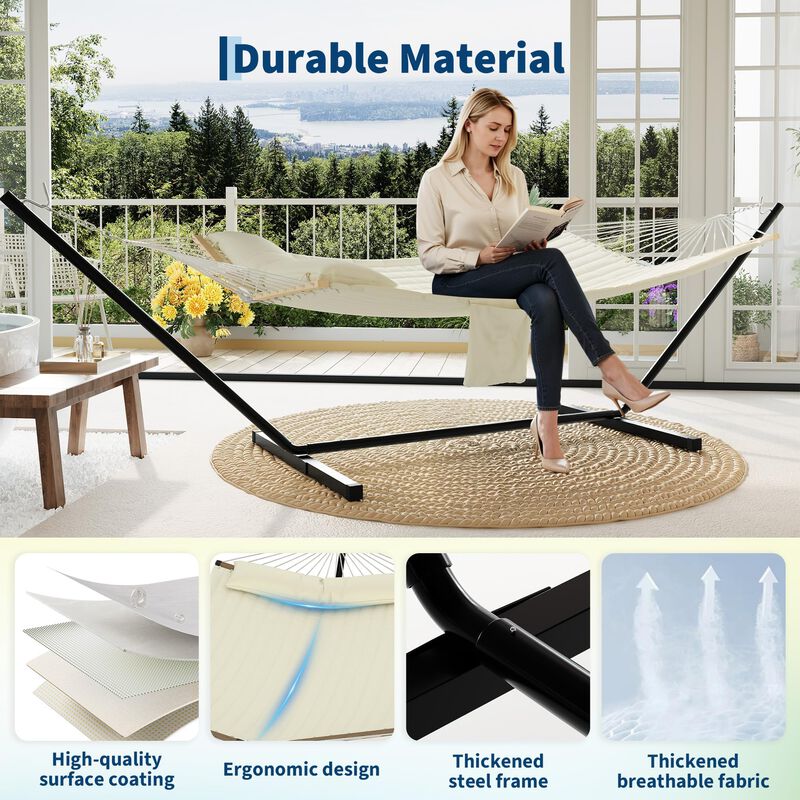 12FT Double Hammock with Heavy-Duty Stand &ndash; 2 Person, 450 lbs, Weather-Resistant Fabric, Hardwood Bar & Carry Bag image number 3