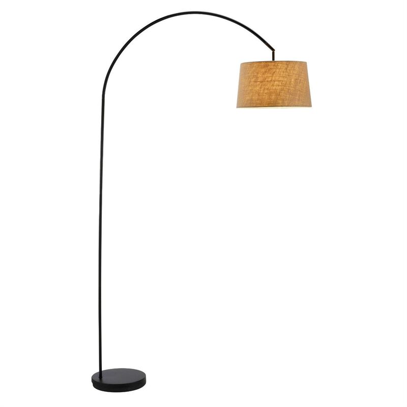 Hivvago Modern Arching Floor Lamp in Matte Black with Taupe Burlap Fabric Drum Shade