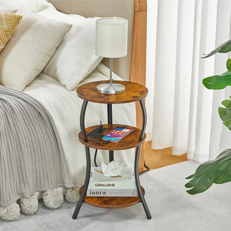 Small Round Side Table with Charging Station, 3-Tier Waist Circular End Table with Storage Shelf, Compact Tea Sofa Side Table Sm