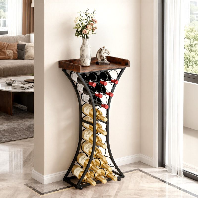 Freestanding 15 Bottle Wine Rack with Wood Top for Home Bar and Kitchen-Black image number 1