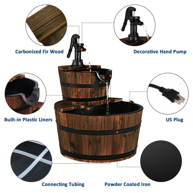 Hivvago 2-Tiers Outdoor Wooden Barrel Waterfall Fountain with Pump