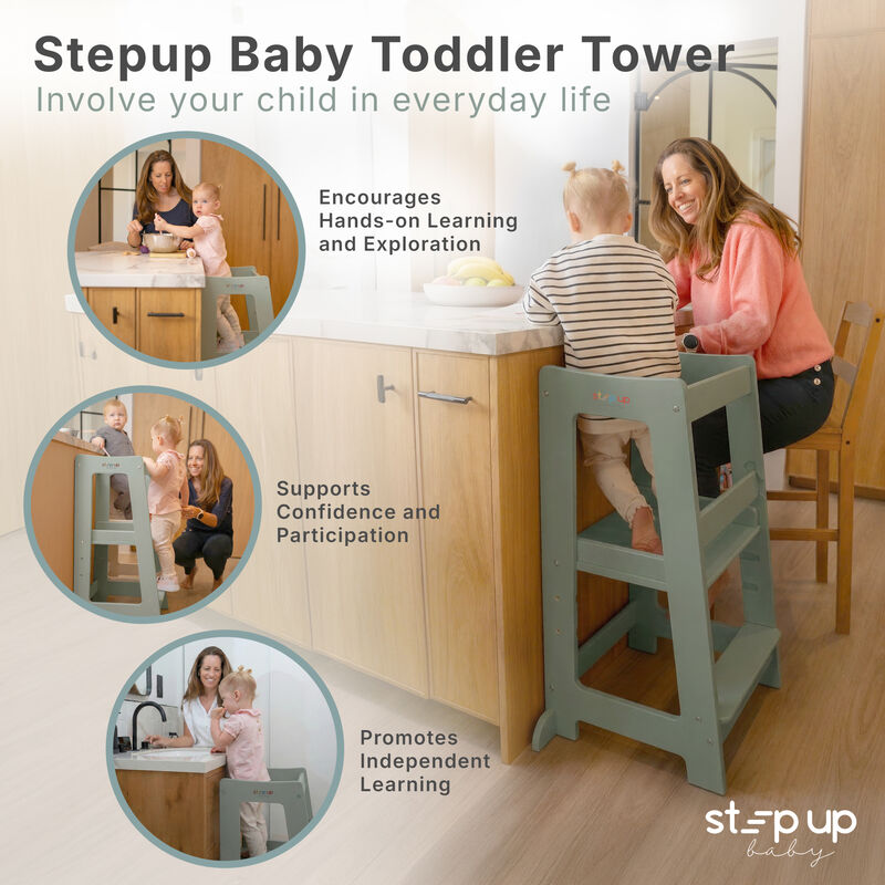 Stepup Baby&reg; Adjustable Toddler Tower - Green Wooden Step Stool for Kids | Toddler Standing Tower with Child-safe Chopper & Chopping Board for 18M-4Y image number 2