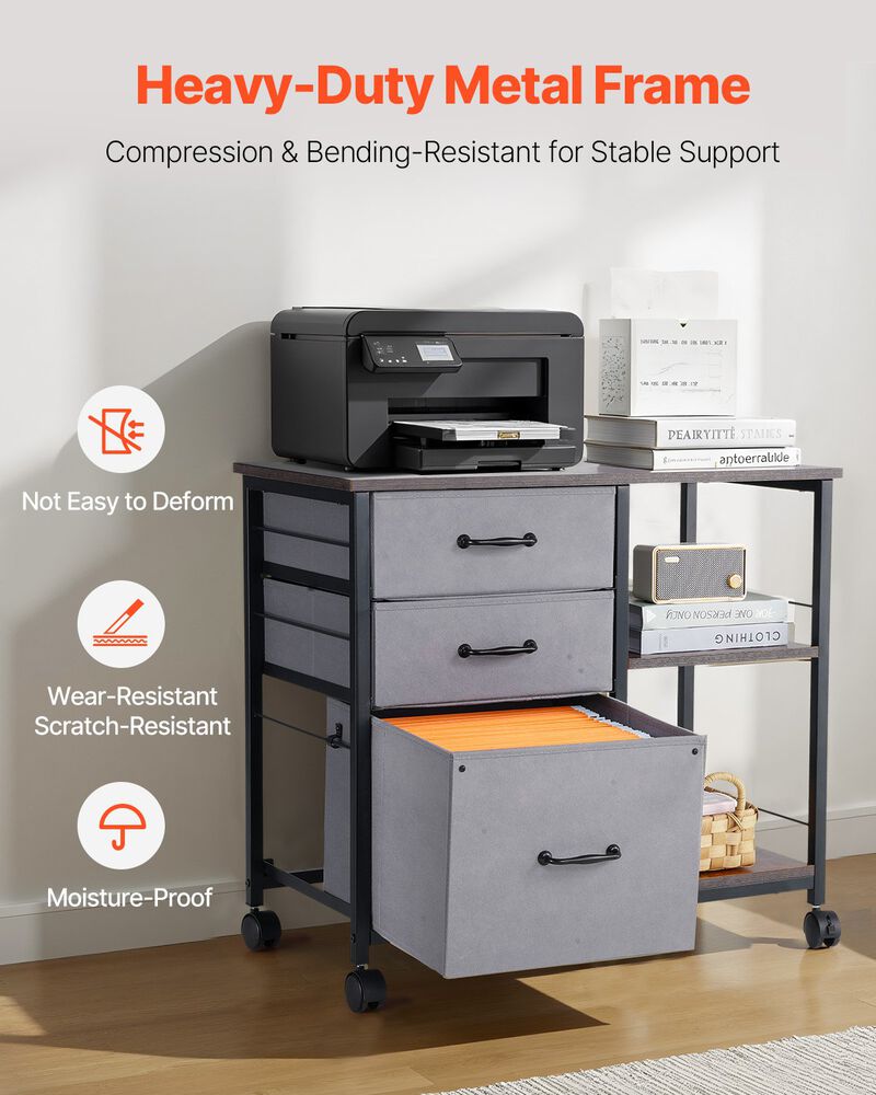 Metal Rolling File Cabinet with Fabric Drawers and Open Shelf Storage