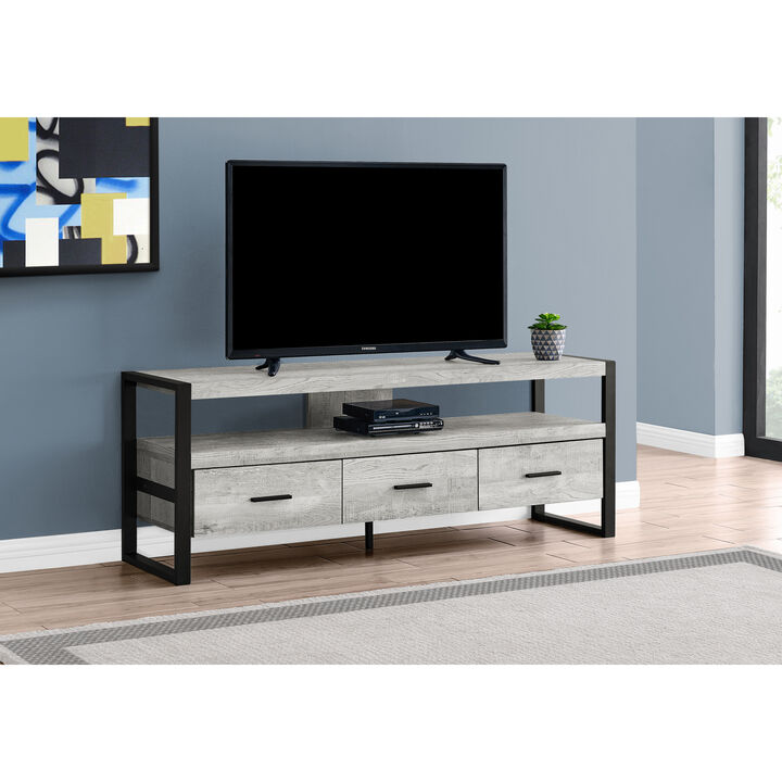 Monarch Specialties I 2821 Tv Stand, 60 Inch, Console, Media Entertainment Center, Storage Drawers, Living Room, Bedroom, Metal, Laminate, Grey, Black, Contemporary, Modern