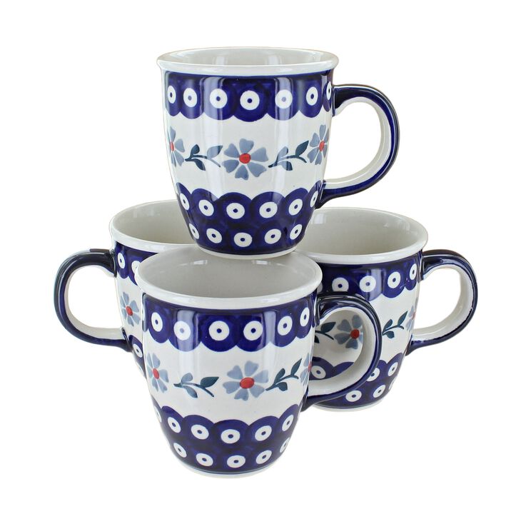 Blue Rose Polish Pottery Green Daisy 4 Piece Mug Set