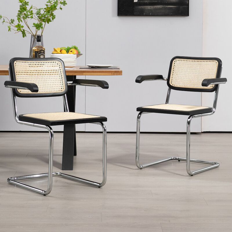 Glamour Home Set of 2 Barnard Black Wooden Dining Chair with Rattan Back and Chrome Legs