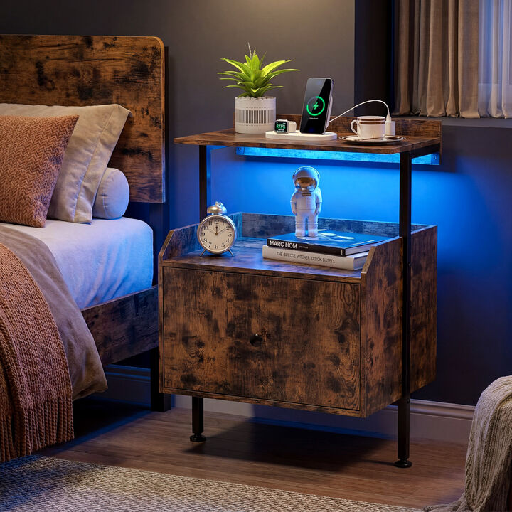 Wall-Mounted Nightstand with LED Lights and Charging Station for Bedroom