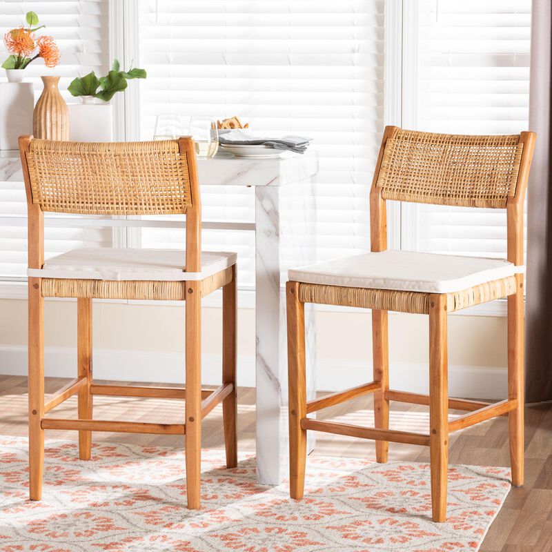 bali & pari Chatura Natural Rattan and Mahogany Wood 2-Piece Counter Stool Set &ndash; Handwoven Wicker Stool with Angled Back, Coastal Boho Seating for Kitchen Island, Counter Height