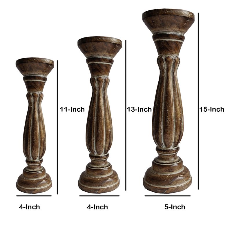 Handmade Wooden Candle Holder with Pillar Base Support, Distressed Brown, Set of 3-Benzara